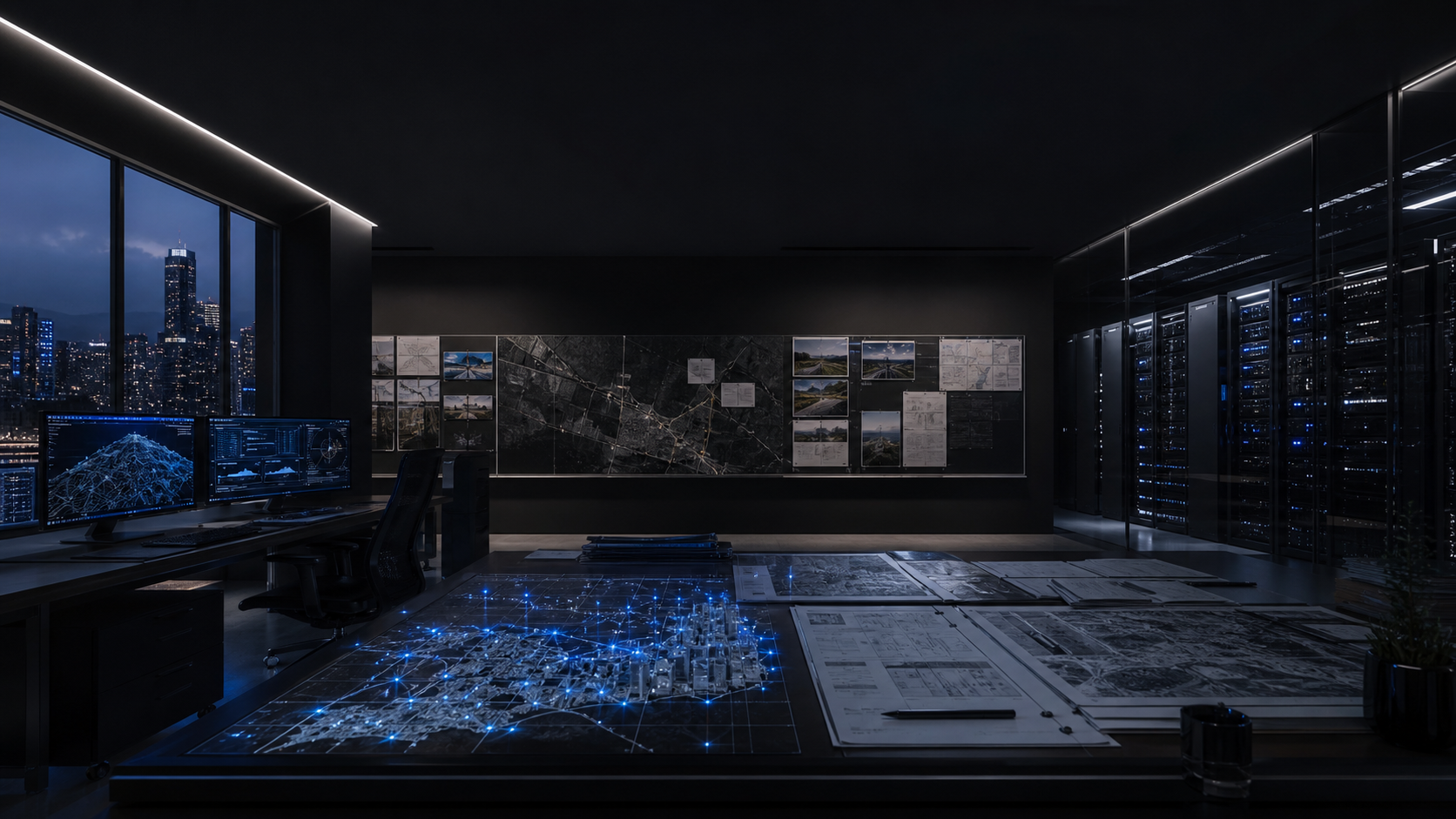 A dark operations room with geospatial planning maps, permit files, and server infrastructure.
